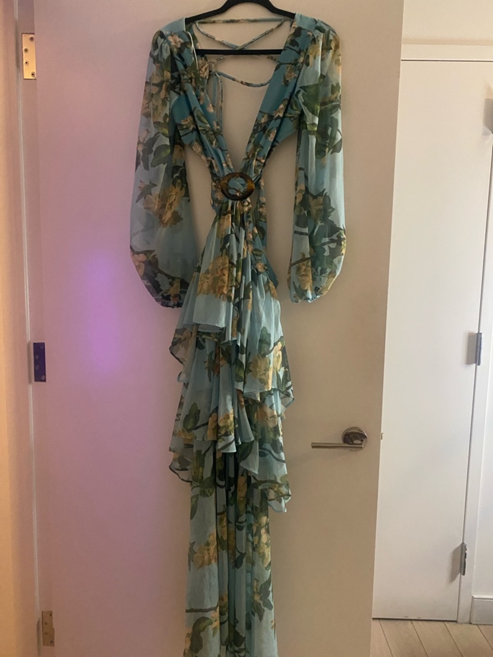 Light Blue Floral Tie-Waist Maxi Dress with Ruffle Skirt